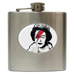 Banksy graffiti UK England God Save the Queen Elisabeth with David Bowie rockband face makeup Ziggy Stardust Hip Flask (6 oz) Front