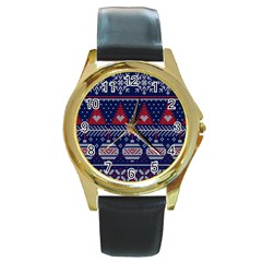 Beautiful Knitted Christmas Pattern Round Gold Metal Watch by Vaneshart