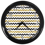 Black and Gold Glitters Zigzag Retro Pattern Golden metallic texture Wall Clock (Black) Front