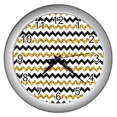 Black And Gold Glitters Zigzag Retro Pattern Golden Metallic Texture Wall Clock (silver) by genx