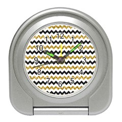 Black And Gold Glitters Zigzag Retro Pattern Golden Metallic Texture Travel Alarm Clock by genx