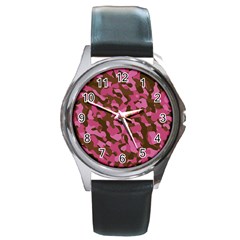 Pink And Brown Camouflage Round Metal Watch by SpinnyChairDesigns