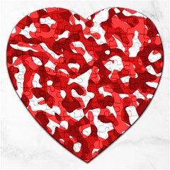 Red And White Camouflage Pattern Jigsaw Puzzle (heart) by SpinnyChairDesigns