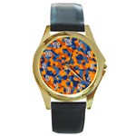 Blue and Orange Camouflage Pattern Round Gold Metal Watch Front