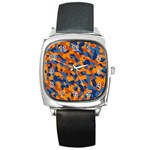 Blue and Orange Camouflage Pattern Square Metal Watch Front