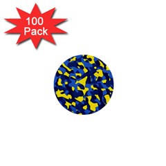 Blue And Yellow Camouflage Pattern 1  Mini Buttons (100 Pack)  by SpinnyChairDesigns