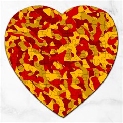 Red And Yellow Camouflage Pattern Jigsaw Puzzle (heart) by SpinnyChairDesigns