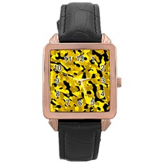 Black And Yellow Camouflage Pattern Rose Gold Leather Watch  by SpinnyChairDesigns