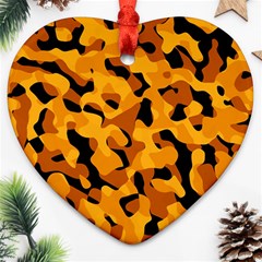 Orange And Black Camouflage Pattern Ornament (heart) by SpinnyChairDesigns