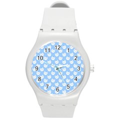 Cute Cat Faces White And Blue  Round Plastic Sport Watch (m) by SpinnyChairDesigns