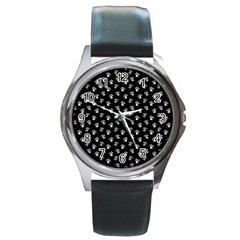 Cat Dog Animal Paw Prints Black And White Round Metal Watch by SpinnyChairDesigns