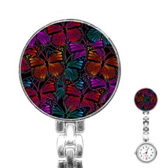 Colorful Monarch Butterfly Pattern Stainless Steel Nurses Watch by SpinnyChairDesigns