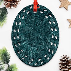 Dark Teal Butterfly Pattern Ornament (oval Filigree) by SpinnyChairDesigns