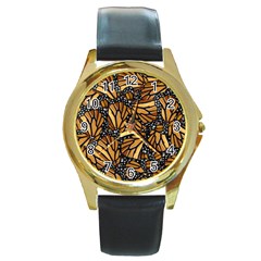 Monarch Butterfly Wings Pattern Round Gold Metal Watch by SpinnyChairDesigns