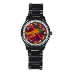 Dragonflies Abstract Colorful Pattern Stainless Steel Round Watch by SpinnyChairDesigns