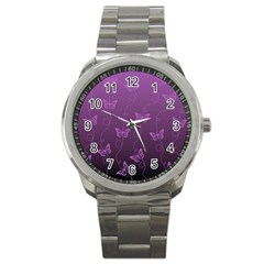 Purple Butterflies Pattern Sport Metal Watch by SpinnyChairDesigns