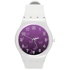 Purple Butterflies Pattern Round Plastic Sport Watch (m) by SpinnyChairDesigns