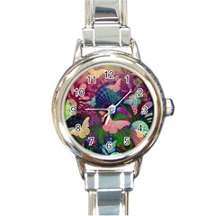 Butterfly Garden Art Round Italian Charm Watch by SpinnyChairDesigns