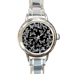 Black And White Butterfly Pattern Round Italian Charm Watch by SpinnyChairDesigns