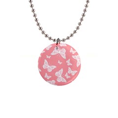 Pink And White Butterflies 1  Button Necklace by SpinnyChairDesigns