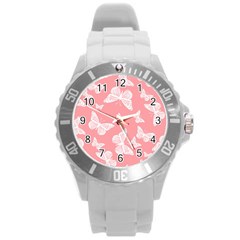 Pink And White Butterflies Round Plastic Sport Watch (l) by SpinnyChairDesigns