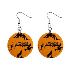 Happy Halloween Scary Funny Spooky Logo Witch On Broom Broomstick Spider Wolf Bat Black 8888 Black A Mini Button Earrings by HalloweenParty