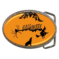 Happy Halloween Scary Funny Spooky Logo Witch On Broom Broomstick Spider Wolf Bat Black 8888 Black A Belt Buckles by HalloweenParty