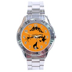 Happy Halloween Scary Funny Spooky Logo Witch On Broom Broomstick Spider Wolf Bat Black 8888 Black A Stainless Steel Analogue Watch by HalloweenParty