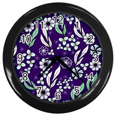 Floral Blue Pattern  Wall Clock (black) by MintanArt