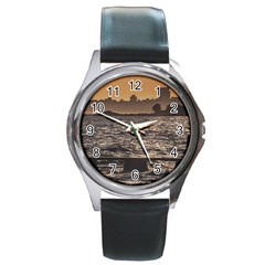 Cityscape Coastal Scene Montevideo Uruguay Round Metal Watch by dflcprintsclothing