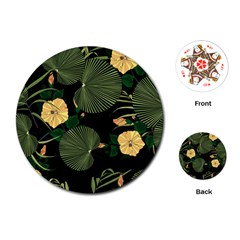 Tropical Vintage Yellow Hibiscus Floral Green Leaves Seamless Pattern Black Background  Playing Cards Single Design (round) by Sobalvarro