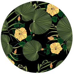 Tropical Vintage Yellow Hibiscus Floral Green Leaves Seamless Pattern Black Background  Wooden Bottle Opener (round) by Sobalvarro