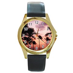 Palm Trees Round Gold Metal Watch by LW323