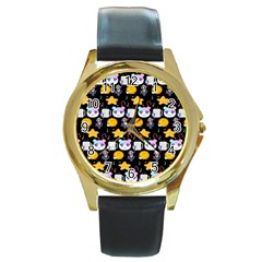 Cats Sun Stars Round Gold Metal Watch by Sparkle