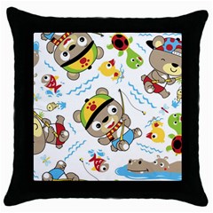 Vector-seamless-pattern-cute-fishing-animals-cartoon Throw Pillow Case (black) by Jancukart