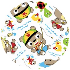 Vector-seamless-pattern-cute-fishing-animals-cartoon Wooden Puzzle Round by Jancukart