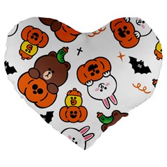 Illustration Pumpkin Bear Bat Bunny Chicken Large 19  Premium Flano Heart Shape Cushions by Sudhe