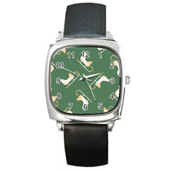 Gold Santa s Sleigh Green Print Square Metal Watch by TetiBright