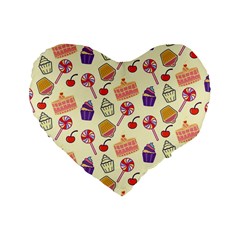 Cupcake Pattern Lollipop Standard 16  Premium Flano Heart Shape Cushions by Ravend