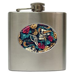 Vintage Art Tattoos Colorful Seamless Pattern Hip Flask (6 Oz) by Ravend