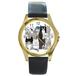 Cute Cat Hand Drawn Cartoon Style Round Gold Metal Watch Front