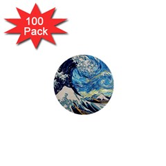 The Great Wave Of Kanagawa Painting Starry Night Vincent Van Gogh 1  Mini Buttons (100 Pack)  by danenraven