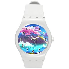 Fantasy Japan Mountains Cherry Blossoms Nature Round Plastic Sport Watch (m) by Uceng