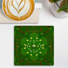 Lotus Bloom In Gold And A Green Peaceful Surrounding Environment Uv Print Square Tile Coaster  by pepitasart