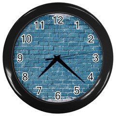 White And Blue Brick Wall Wall Clock (black) by artworkshop