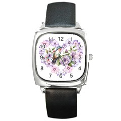 Hummingbird In Floral Heart Square Metal Watch by augustinet