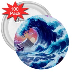 Storm Tsunami Waves Ocean Sea Nautical Nature 3  Buttons (100 Pack)  by Ravend