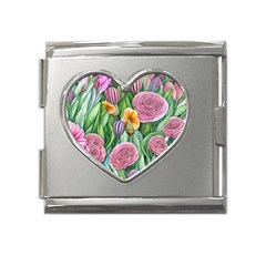 Delicate And Dazzling Watercolor Flowers Mega Link Heart Italian Charm (18mm) by GardenOfOphir