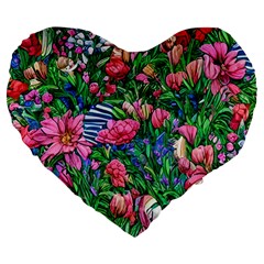 Dazzling Watercolor Flowers Large 19  Premium Heart Shape Cushions by GardenOfOphir