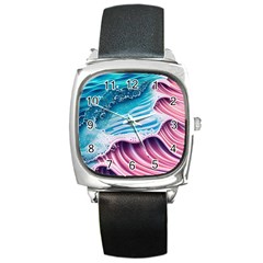 Pink Wave Crashing On The Shore Square Metal Watch by GardenOfOphir